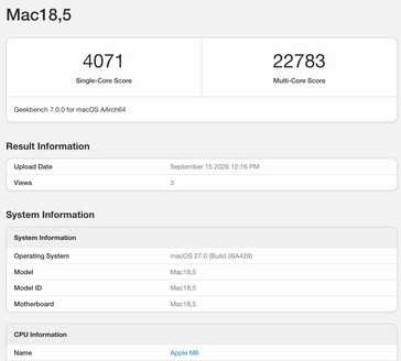Geekbench-7-Ergebnis für den Apple M6.