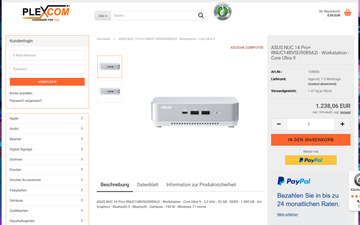 Asus NUC 14 Pro+ 90AS0061-M001C0 für 1.238,06 Euro.