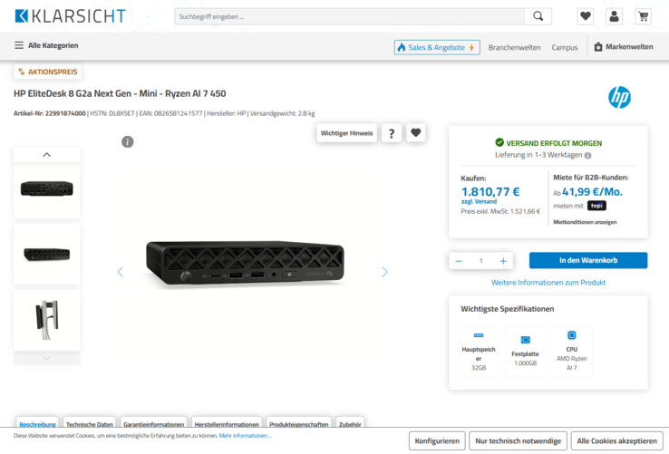 HP EliteDesk 8 Mini G2a DL8X5ET für 1.810,77 Euro.