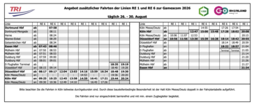 Sonderfahrplan der TRI-Züge zur Gamescom 2026.