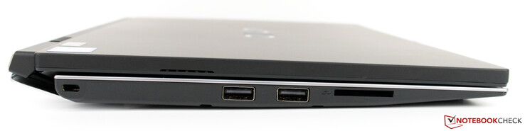 Linke Seite: Kensington Lock, 2x USB-A 2.0, SD-Kartenleser