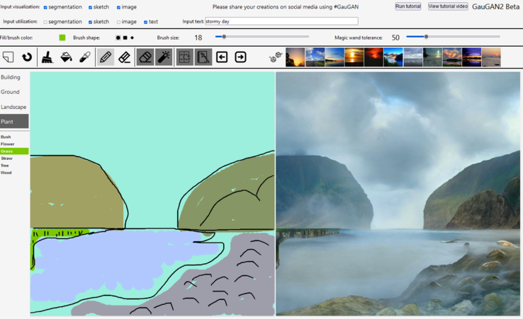 "stormy day" addiert Wolken, Nebel und Wellen, die in der Zeichnung nicht auftauchen.