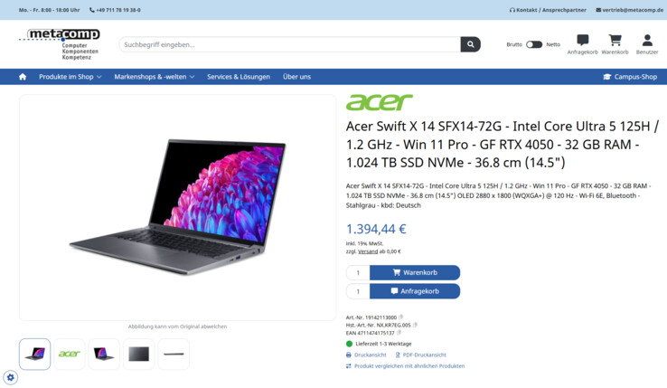Acer Swift X 14 OLED SFX14-72G-57B5 für 1.394,44 Euro.
