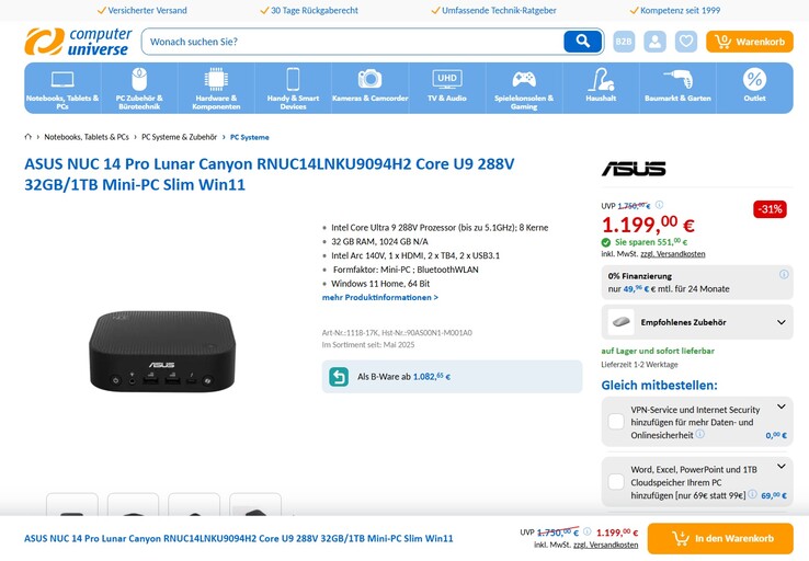 Asus NUC 14 Pro AI (90AS00N1-M001A0) für 1.199 Euro.