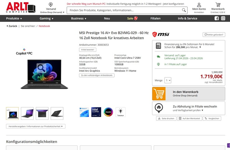 MSI Prestige 16 AI+ Evo B2VMG-029 für 1.719 Euro.