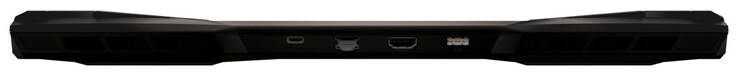 Rückseite: Thunderbolt 4 (USB-C; Displayport), Gigabit-Ethernet, HDMI, Netzanschluss