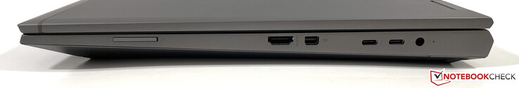Rechts: SD-Leser, HDMI 2.0b, Mini-DisplayPort 1.4, 2x Thunderbolt 4 (USB 4, 40 GBit/s), Netzteil