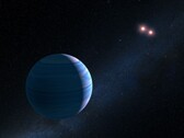 Eine Illustration zeigt einen Exoplaneten und zwei rote Sterne