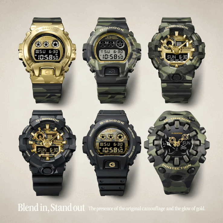 Von oben links: G-Shock GM-6900CMG-3, DW-6900CMG-3, GA-700CMG-3AJF, GA-700CF-1A, DW-6900CF-1 und GA-V01CMG-3A