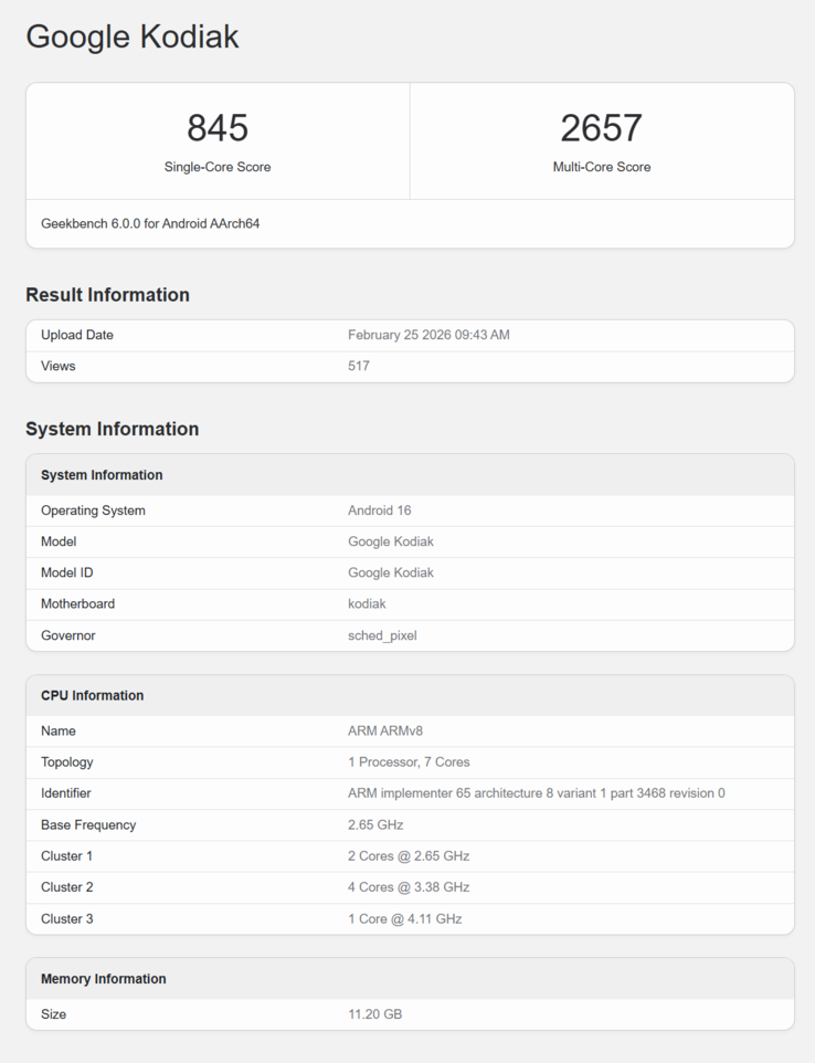 Das vermeintliche Pixel 11 Pro XL taucht mit 7-Core Tensor G6 auf Geekbench auf.