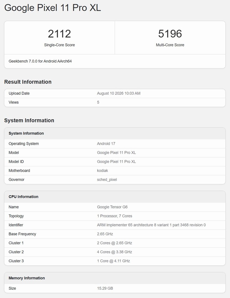 Das Google Pixel 11 Pro XL taucht bereits in der Geekbench 7 Datenbank auf.