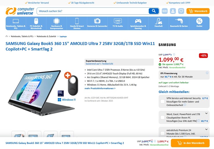 Samsung Galaxy Book5 360 (NP750QHA-KA4DE) samt Galaxy SmartTag2 für 1.099 Euro.