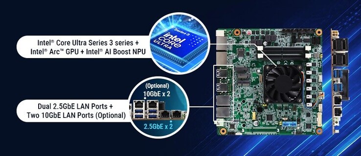 Das Mini-ITX-Motherboard von Aaeon mit Intel Panther Lake-Prozessor kann mit bis zu 4 Ethernet-Anschlüssen ausgestattet werden.