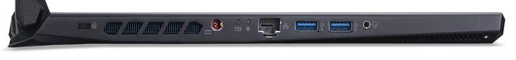 Linke Seite: Steckplatz für ein Kabelschloss, Netzanschluss, Gigabit-Ethernet, 2x USB 3.2 Gen 1 (Typ A), Audiokombo