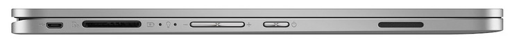 Linke Seite: USB 2.0 (Micro USB), Speicherkartenleser (SD), Lautstärkewippe, Einschalttaste, Lautsprecher