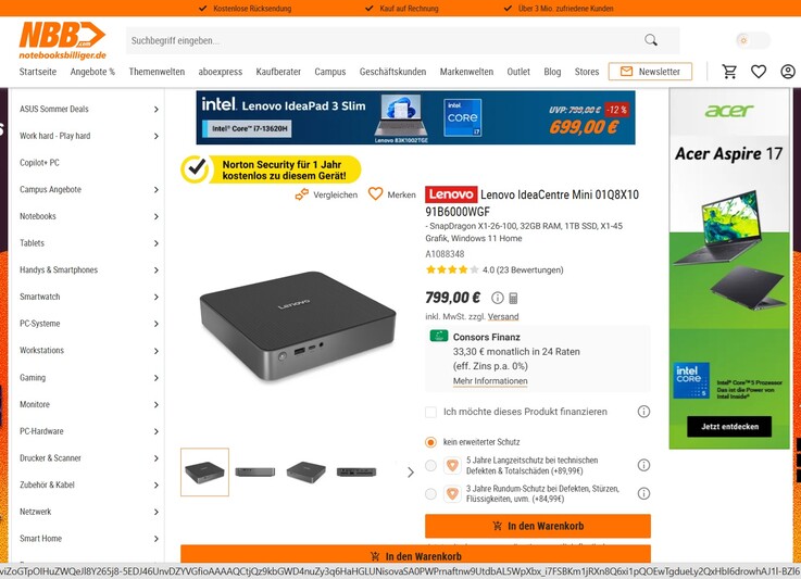 Lenovo IdeaCentre Mini 01Q8X10 91B6000WGF für 799 Euro.