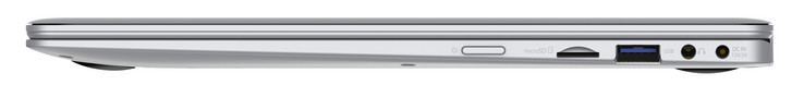 Rechte Seite: Power-Taste, MicroSD-Kartenleser, 1x USB 3.1, Headset-Anschluss, Netzanschluss