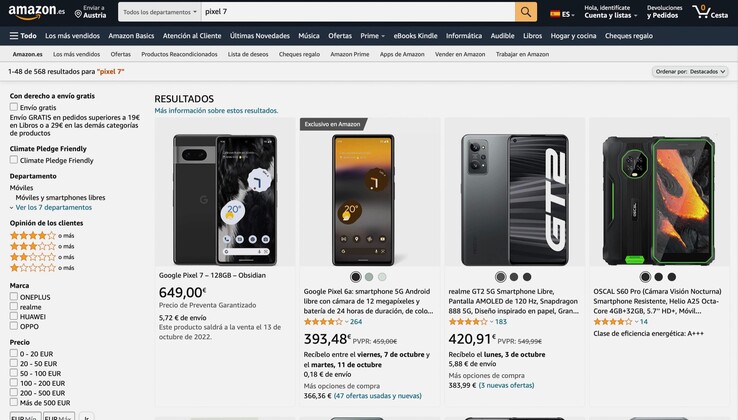 Das Google Pixel 7 ist auf Amazon Spanien bereits über die Suche zu finden, die Produktseite ist noch nicht online. (Screenshot: Amazon)
