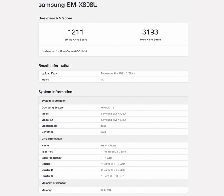 Das Samsung Galaxy Tab S8+ kommt offenbar mit demselben SoC wie das Galaxy Tab S8 Ultra. (Screenshot: Geekbench)