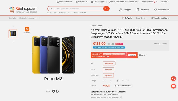 Gshopper bietet das Poco M3 jetzt schon ab 108 Euro an, mit kostenlosem Versand. (Screenshot: Gshopper)