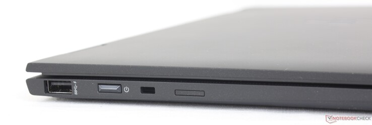 Links: USB-A 5 Gbps, Power-Taste, Schloss, an dem das Laptop fixiert werden kann, Nano-SIM-Steckplatz