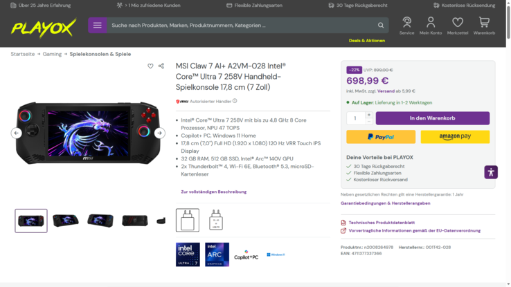 MSI Claw 7 AI+ A2VM-028 für 698,99 Euro.
