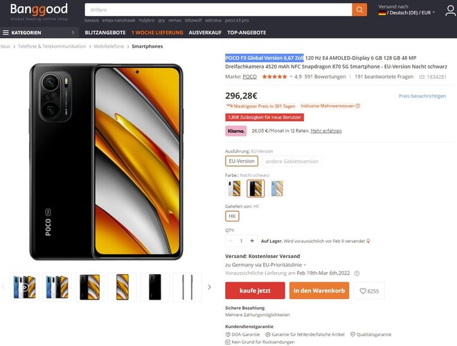 Das Xiaomi Poco F3 Smartphone ist wieder sehr günstig im Angebot.