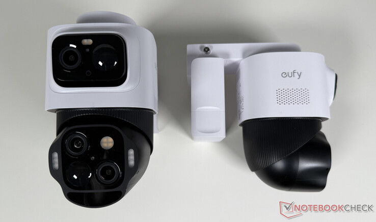 eufyCam S4 von vorne und der Seite. Die untere Einheit ist per Motor beweglich, die obere manuell drehbar