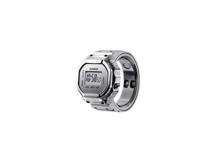 Schrägansicht der silberfarbenen Casio Ring Watch CRW-H001M-8 mit digitalem Display und Gesundheitssensoren auf der Innenseite