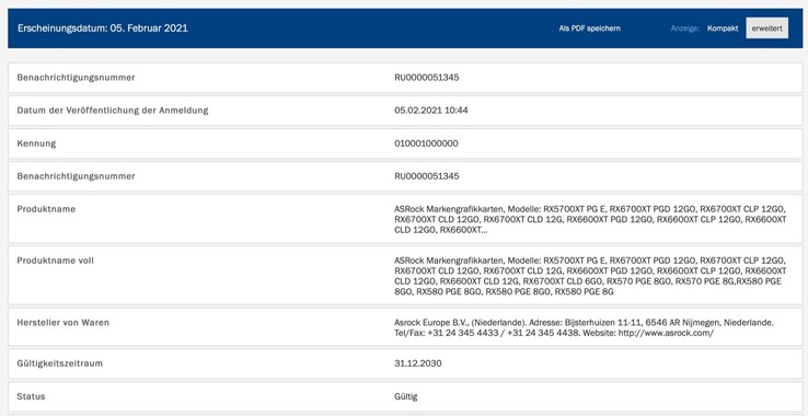 Der EEC-Eintrag erwähnt mehrere neue Grafikkarten. (Bild: EEC, maschinell übersetzt)