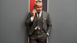 Designer Thom Browne demonstrates the new Samsung Galaxy Z Flip Thom Browne Edition in a groundbreaking foldable smartphone experience with sartorial style during New York Fashion Week (Photo by Ilya S. Savenok/Getty Images for Samsung Electronics)