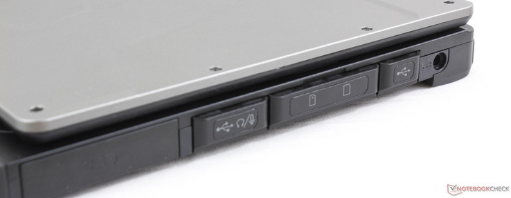 Rechts: USB 2.0, 3,5-mm-Audio, Netzteil, Mini-SIM, SD-Leser, USB 3.0, Netzteil