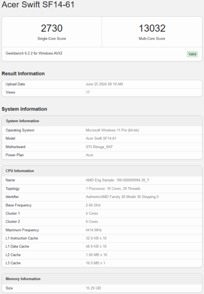 Ryzen AI 9 365 Geekbench-Ergebnis (Bild: Geekbench)