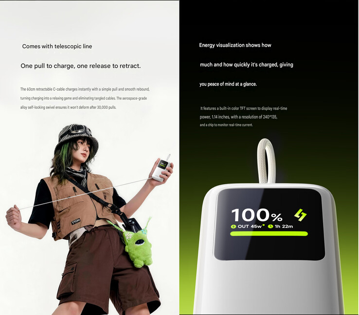 Das integrierte Kabel und das Display der neuen Sharge-Powerbank mit 45 Watt