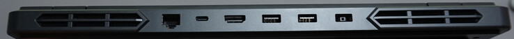 Anschlüsse hinten: LAN-Port (1 Gbit/s, USB-C (10 Gbit/s, DP, 140-W-Laden), HDMI 2.1, 2-mal USB-A (5 Gbit/s), Stromanschluss