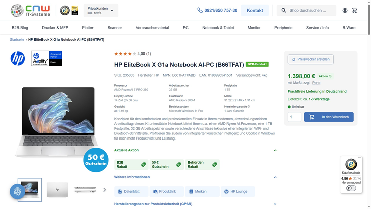 HP EliteBook X G1a (B66TFAT) für 1.398 Euro.