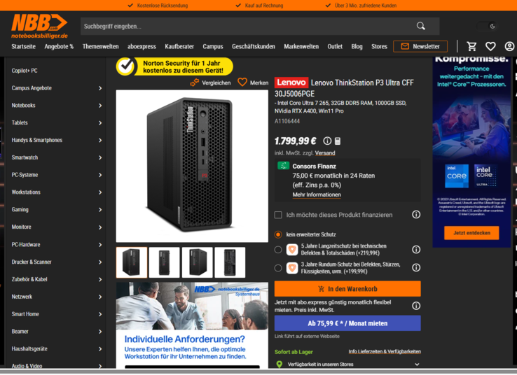 Lenovo ThinkStation P3 Ultra SFF G2 30J5006PGE für 1.799,99 Euro.
