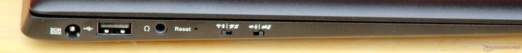 Links: Strom, USB 2.0 Typ-A, Kopfhörer, Reset, WLAN-Schalter, Webcam-/Mikrofon-Schalter