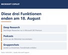 Grafik nennt die drei Copilot-Funktionen Deep Research, Podcasts und Gruppenchats, die am 18. August 2026 enden