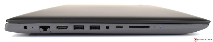 links: Netzanschluss, Gigabit-Ethernet, HDMI, 2x USB 3.1 Gen 1 (Typ-A), Audiokombo, USB 3.1 Gen 1 (Typ-C), Speicherkartenleser (SD), Novo-Taste, Status-LED