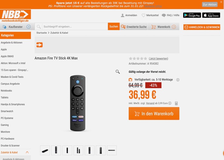 Mit einem Gutscheincode spart man bei Notebooksbilliger nochmals 15 Euro auf den Fire TV Stick 4K, der ohnehin schon zum Bestpreis angeboten wird. (Screenshot: Notebooksbilliger)