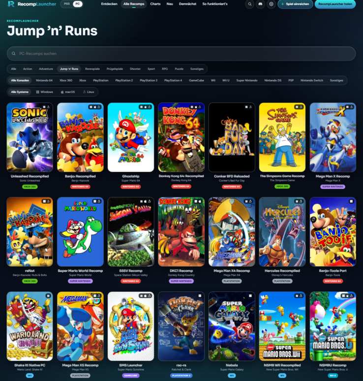 Im Screenshot eingestellt sind „Alle Konsolen“ und „Jump ’n’ Runs“. (Im Bild: Ein Screenshot von recomplauncher.com.