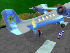 Mario steigt in Super Mario Eclipse in das Urlaubsflugzeug von Prinzessin Peach.