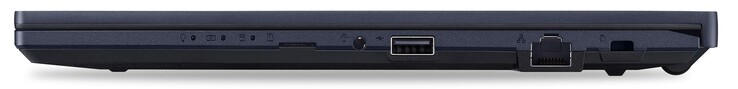 Rechte Seite: microSD-Kartenleser, kombinierter Audioanschluss, 1x USB-A 2.0, GigabitLAN, Kensington-Lock