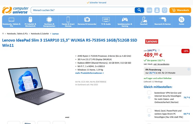Lenovo IdeaPad Slim 3 15ARP10 (83K7000SGE) im Angebot für 489 Euro. Computeruniverse.net listet fälschlicherweise Ryzen 5 7535HS. Das Notebook kommt mit Ryzen 5 7533HS.