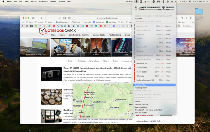 ICE-Buddy mit Kartenansicht. Man beachte die Geschwindigkeitsanzeige oben. (Screenshot: Notebookcheck.com)