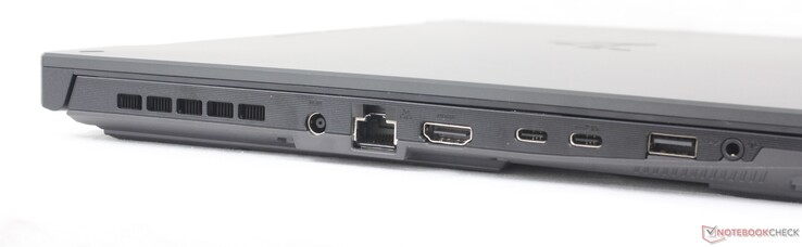 Links: Netzteil, Gigabit RJ-45, HDMI 2.1, 1x USB-C 3.2 Gen2 mit DisplayPort + Power Delivery + G-Sync, 1x USB-C 4.0, 1x USB-A 3.2 Gen1, 3,5 mm Headset