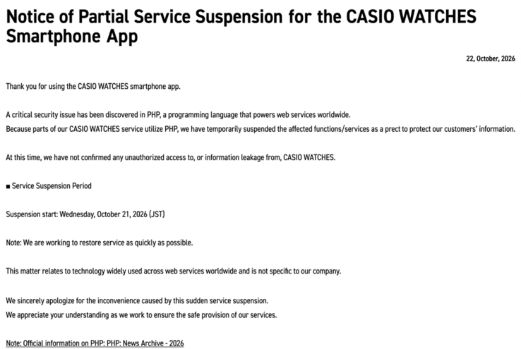 Casios offizielle Mitteilung bestätigt, dass die betroffenen Dienste von Casio Watches am 21. Oktober 2026 ausgesetzt wurden. Ein Termin für die Wiederherstellung wurde nicht genannt.