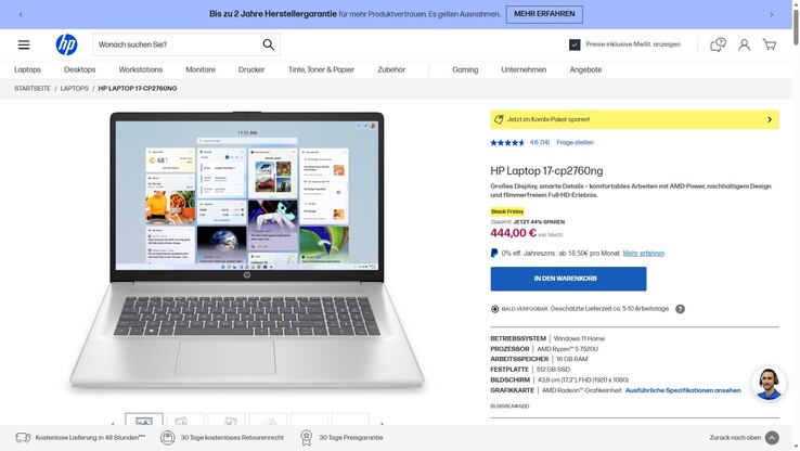 HP Laptop 17-cp2760ng (BU9S6EA) im Angebot für 444 Euro.