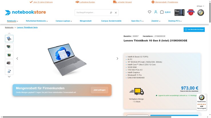 Lenovo ThinkBook 16 G8 IAL (21SK0083GE) für 973 Euro